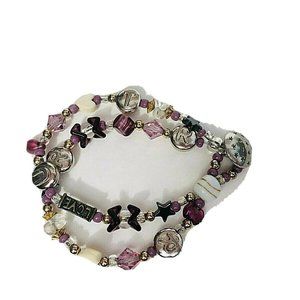 Hand Crafted 2 Strand Glass and Metal Bead Bracelet Purple White Silver Tone
